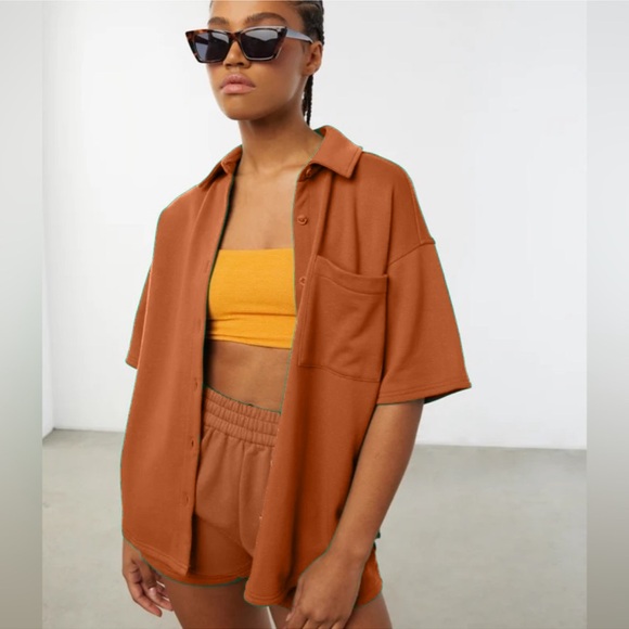 🇨🇦NWOT OAK+FORT Orange French Terry Short Sleeve Button Down - Picture 1 of 7